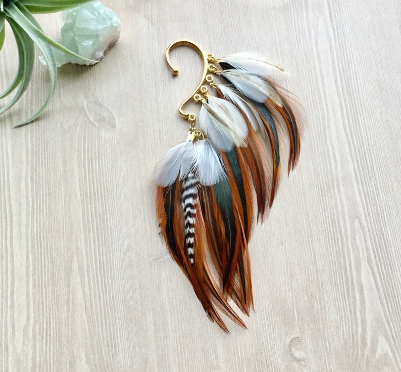 Feather Ear Wrap Gold Tone Ear Cuff With Feathers Natural Etsy