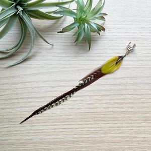 Feather Ear Cuff, Ear Clip, Silver Cuff, Yellow Feather Jewelry, Renaissance Style, Boho, Long Feather Ear Cuff, Statement Jewelry (SINGLE)