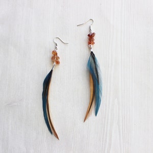 Teal Feather Earrings: Citrine Stone Chip, Silver Hook, Boho Drop