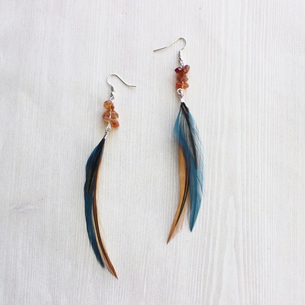 Feather Earring, Teal & Natural Brown Feather Earrings with Citrine, Natural Feathers, Silver Hook Drop Earrings, Stone Chip Earrings