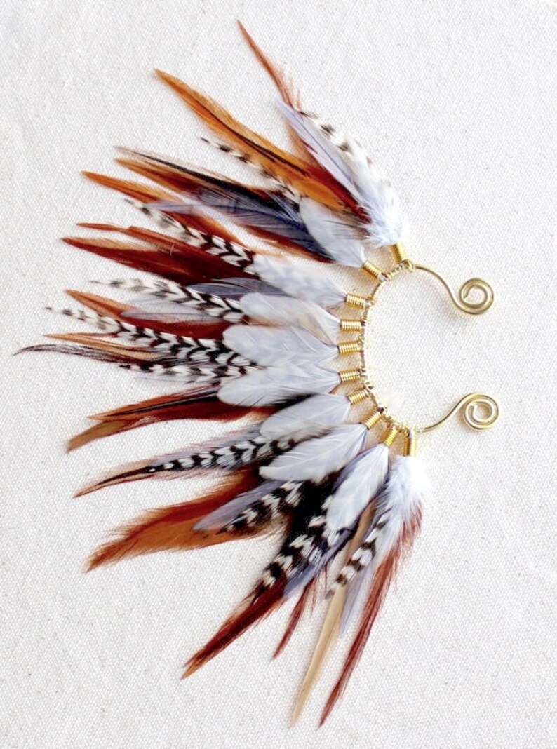Feather Ear Wrap Gold Tone Ear Cuff With Feathers Natural Etsy