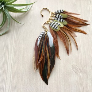 Feather Ear Wrap, Gold Tone, Ear Cuff with Feathers, Natural Feather Earring, Rustic Wedding, EDM, Festival, Beach Wear, Boho