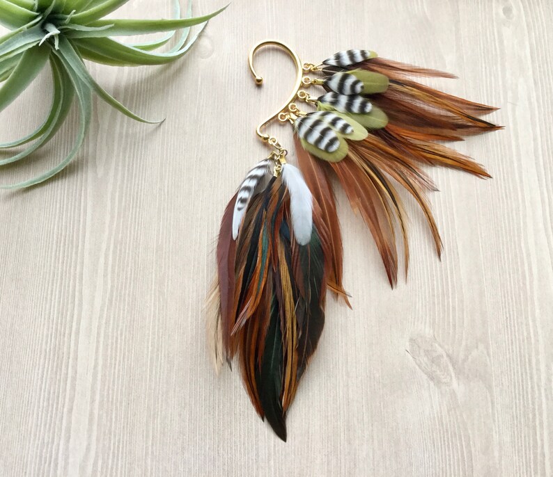Feather Ear Wrap Gold Tone Ear Cuff With Feathers Natural Etsy