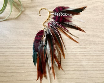 Boho Festival Vibes: Gold Tone Feather Ear Wrap Cuff in Rustic Brown & Burgundy