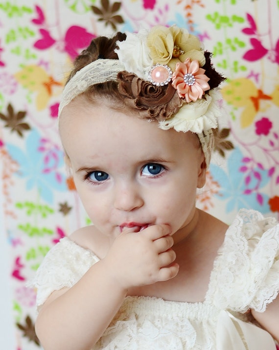 Items similar to earthy baby Headband, tan ivory peach brown shabby