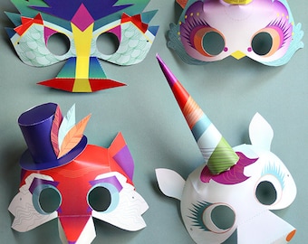 Printable Paper Masks - Set of 4 - Dragon, Unicorn, Fox, and Princess Bird