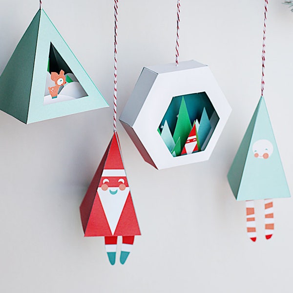 Ornements de Noël 3D #1 - 4 dans un ensemble - Artisanat en papier imprimable - Bricolage de vacances