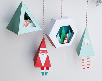3D Christmas Ornaments #2 - 4 in a Set - Printable Paper Crafts - Holiday DIY