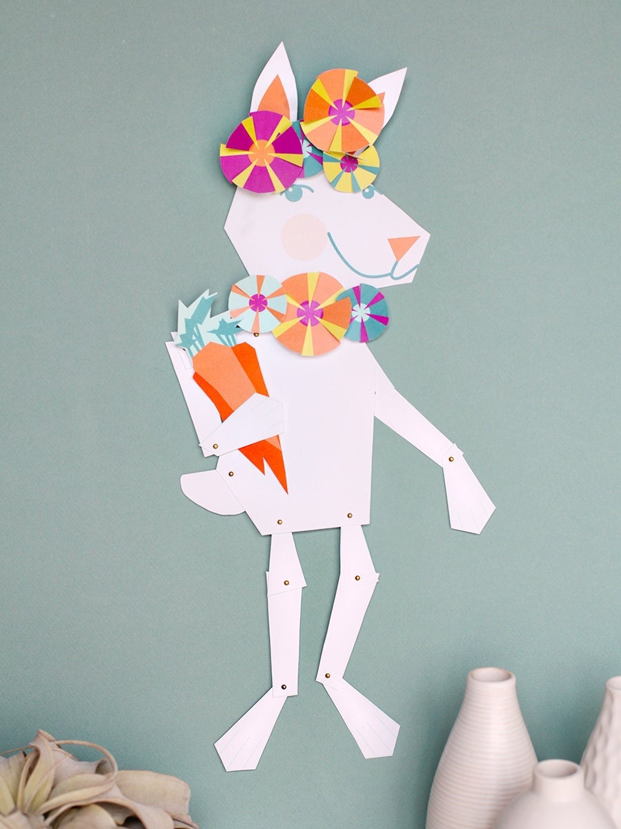 Paper Bunny Wall Puppet - Instant Kids Paper Craft - Printable Paper Easter Bunny - Party Favor - Last-Minute Kids Craft