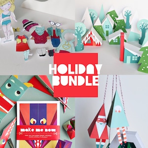 May include: A collage of paper craft projects, including a paper doll with clothing options, miniature houses and trees, a colorful geometric design, and hanging holiday ornaments. The text "HOLIDAY BUNDLE" is displayed in a red rectangle.
