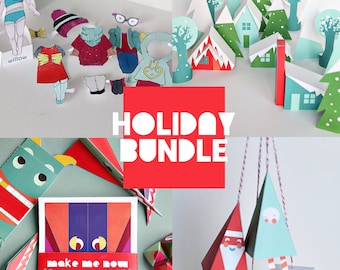 Paquete de imprimibles navideños - 4 juegos - Pueblo navideño, paquete de juegos, adornos y muñeca de papel de invierno