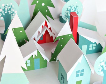 Holiday Village - Christmas Houses in the Woods - Printable Paper Craft Kit