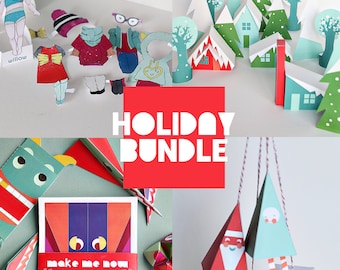 Christmas Paper Crafts Printable Holiday Bundle - Christmas Village - Ornaments - Paper Doll - Paper Toys - Stocking Stuffers