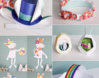 Spring & Easter Printables Pack - Top Hat - Bunny Ears Headband - Rainbow Crown - Easter Egg Dioramas - Bunny Puppet