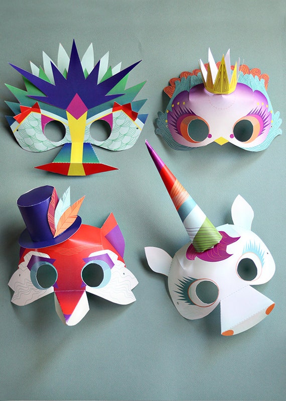 Printable Paper Masks Set of 4 Dragon, Unicorn, Fox, and Princess Bird 
