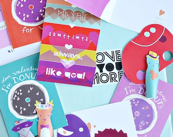 Valentine's Day Bundle - Printable Valentines Cards, Finger Puppets, Art Prints, Donuts -  Valentine's Cards