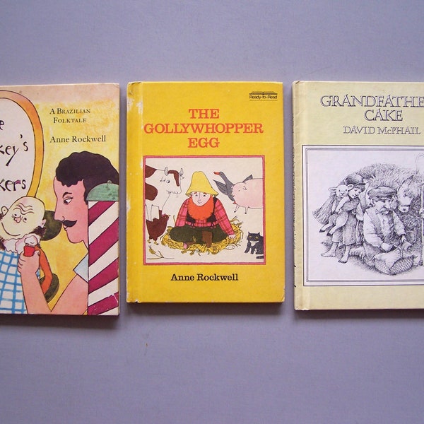 1970s Folk Tale Books - Gollywhopper Egg and Monkey's Whiskers by Anne Rockwell - AND - Grandfather's Cake by David McPhail - Weekly Reader