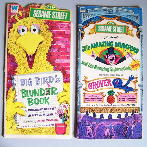 Libros de Plaza Sésamo CTW de gran tamaño de la década de 1970 - Libro del error de Big Bird - Y - El asombroso Mumford y su asombroso truco de resta - Los Muppets