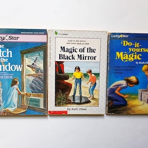 May include: Three vintage paperback books by Ruth Chew titled The Witch at the Window, Magic of the Black Mirror, and Do-it-yourself Magic. Each cover features colorful illustrations of children and magical themes with the Lucky Star logo.