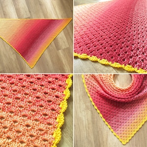 May include: A triangular crocheted shawl with a yellow border. The shawl is made with a gradient yarn that transitions from yellow to orange to red.