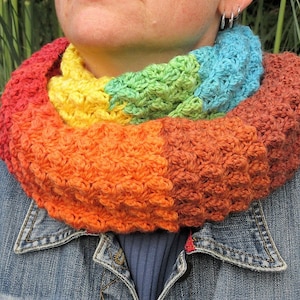 May include: A colorful crocheted infinity scarf with a rainbow color gradient. The scarf is made of a soft, textured yarn and is worn around the neck.