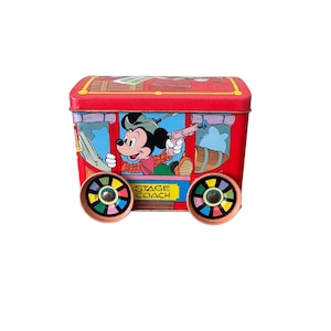 Metal cards tin CMB Disney Mickey Mouse. Tin with wheels. Vintage for collectors. Collectibles. Eighties, made in England.