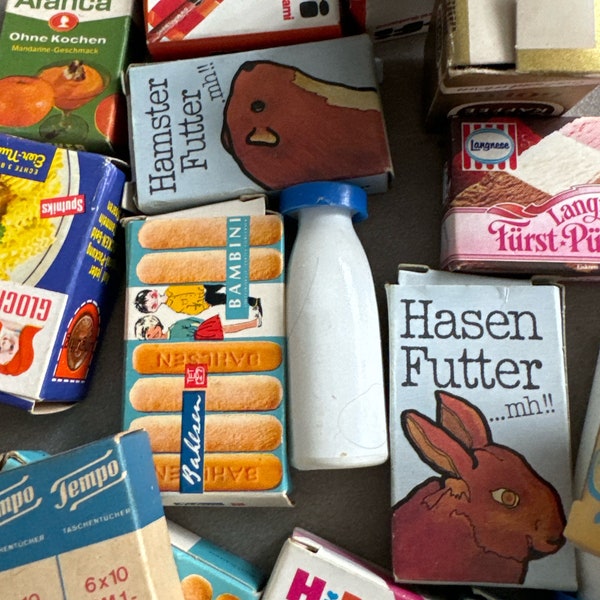 Miniature grocery for miniature shop or dollhouse. Made in Germany. Cardboard packages and plastic milk bottles.