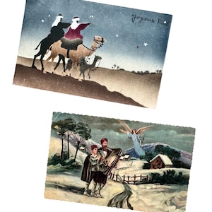 Dos tarjetas navideñas antiguas, belgas/francesas, de los años treinta. Descritas y fechadas en el reverso: 1933.