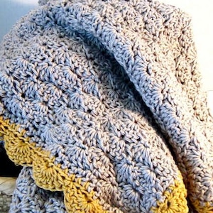 Crochet Baby Blanket, Contemporary Baby Blanket, Grey with Yellow Contrast Edging, Crib Blanket, Baby Afghan, Christening Blanket, Heirloom