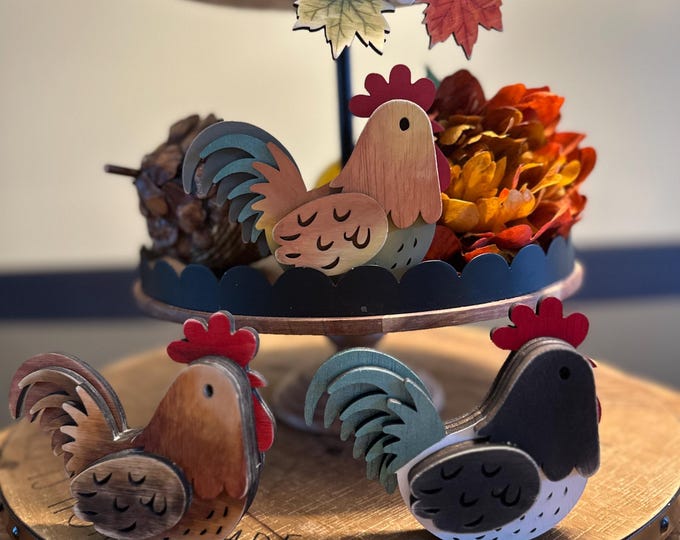 Rustic Wooden Rooster Shelf Sitter | Farmhouse Tiered Tray Decor | Country Kitchen Accent | Chicken Decor