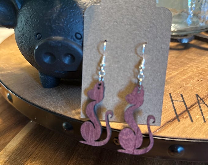 Purpleheart Wood Cat Dangle Earrings | Hypoallergenic Hooks