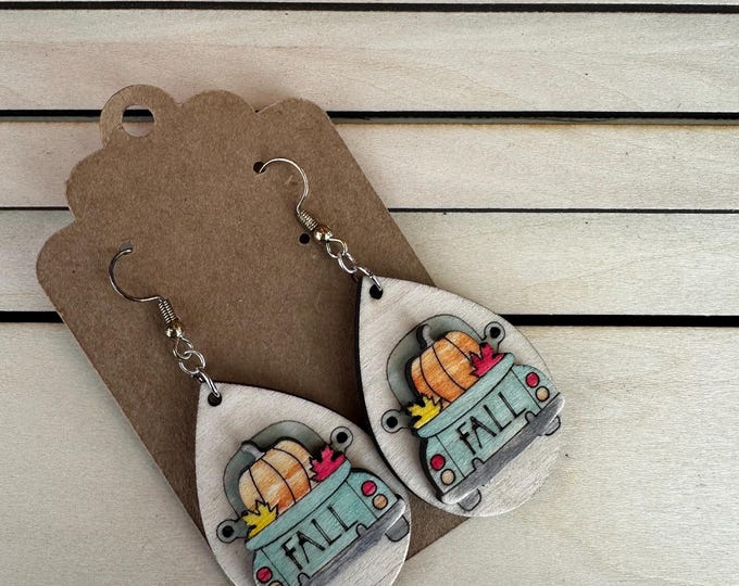 Wooden Fall Farm Truck Earrings, Handmade Dangle Earrings, Gift for Fall Lovers