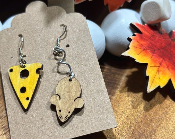 Cheese & Mouse Wooden Earrings – Cute Mismatched Jewelry, Handmade Quirky Dangle Earrings, Gift for Animal Lovers