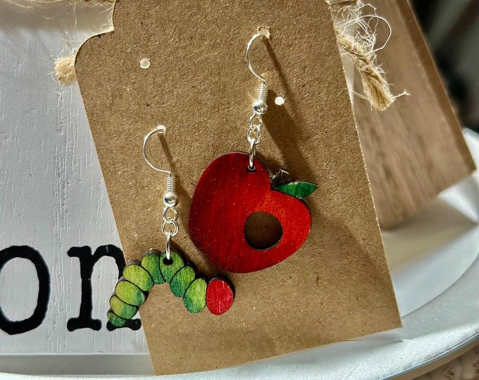 Apple and Worm Dangle Earrings – Teacher Appreciation Gift, Cute Back to School Jewelry, Whimsical Apple Earrings, Lightweight Fun Jewelry