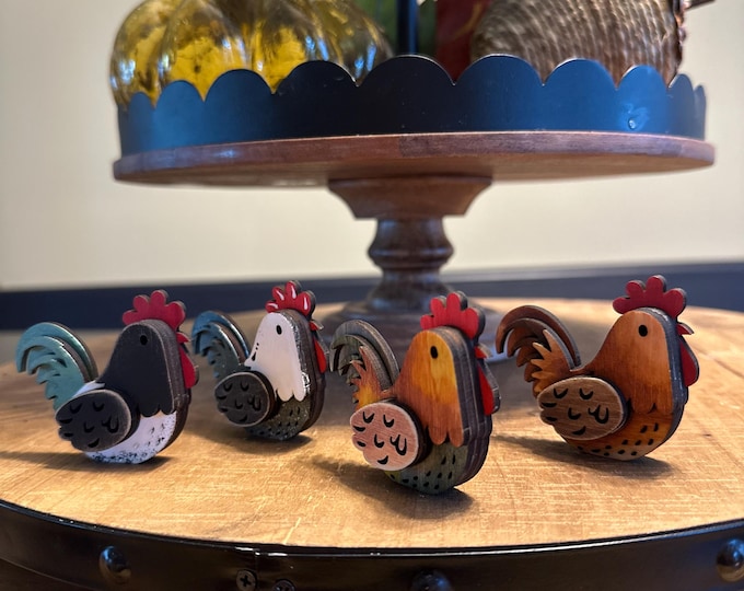 Mini Rustic Wooden Rooster Shelf Sitter | Mini Farmhouse Tiered Tray Decor | Country Kitchen Accent | Mini Chicken Decor