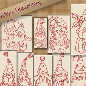 May include: Ten red line drawings of gnomes in various poses, each with a different hat. The gnomes are wearing hats with bells, stars, and other festive details. The text "Holiday Gnomes" is below the images, along with the text "10 Designs - Each in 5 Sizes" and "Sizes: 4", 5", 6", 7", 8".