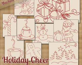 Holiday Cheer Redwork Embroidery Machine Designs  - 2 Sizes Each INSTANT DOWNLOAD - Cute Christmas Designs Winter Snowmen Cocoa Candy Trees