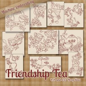 Redwork Friendship Tea Machine Embroidery Patterns / Designs - 4x4 and 5x7 Hoop - 10 Kitchen Floral Designs 2 Sizes INSTANT DOWNLOAD