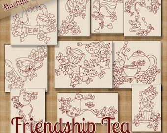 Redwork Friendship Tea Machine Borduurpatronen / Ontwerpen - 4x4 en 5x7 Hoop - 10 Keuken Floral Designs 2 maten INSTANT DOWNLOAD