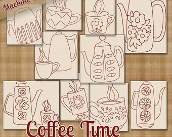 RedworkCoffee Time Machine Borduurpatronen / Ontwerpen 4x4 en 5x7 Hoop INSTANT DOWNLOAD Decoratieve Overzicht Quilting Kitchen Dining