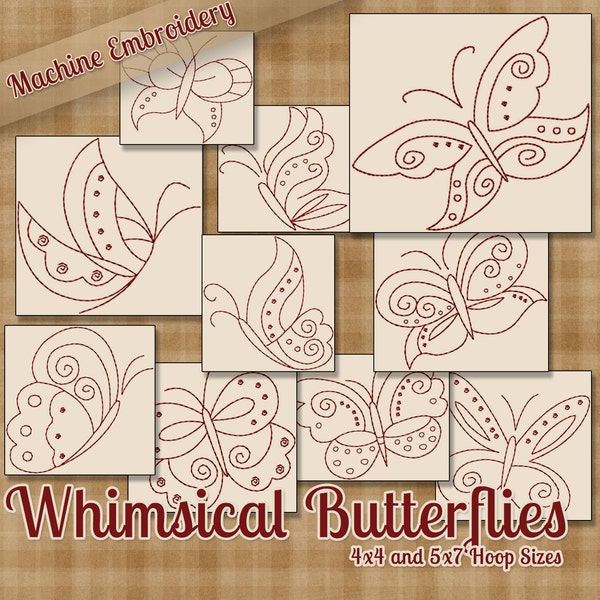 BONUS included! Redwork Whimsy Butterflies Machine Embroidery Patterns / Designs 4x4 and 5x7 Hoop INSTANT DOWNLOAD Outline Bluework