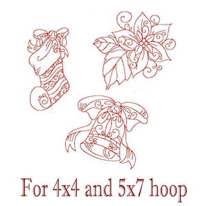 Redwork Weihnachten Strumpf, Glocke, Poinsettia Stickerei Muster - 4 x 4 und 5 x 7 Reifen INSTANT DOWNLOAD