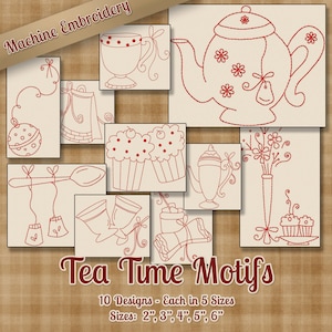 Tea Time Motifs Redwork Machine Embroidery Patterns 10 Designs 5 Sizes Each INSTANT DOWNLOAD - art art70 pes jef exp sew xxx vip hus dst