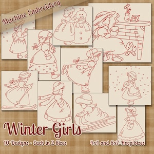 Redwork Winter Mädchen Maschine Stickerei Muster / Designs 4 x 4 und 5 x 7 Reifen INSTANT DOWNLOAD