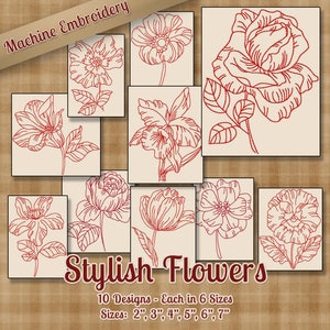 Redwork stilvolle Blumen Maschine Stickerei Muster / Designs - 6 Größen - 10 Designs - Multiformat - Floral Umriss Colorwork Schnell