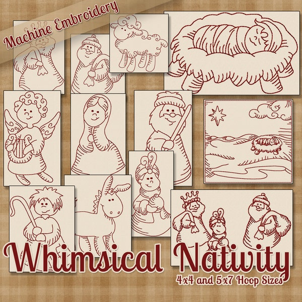 Whimsical Nativity Redwork Machine Embroidery Patterns / Designs - 4x4 and 5x7 Hoop - 12 Designs INSTANT DOWNLOAD