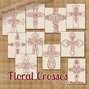 Redwork Floral Crosses Machine Embroidery Patterns / Designs - 4x4 and 5x7 Hoop - 10 Exquisite Cross Designs 2 Sizes INSTANT DOWNLOAD