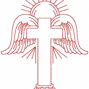 Redwork Faith & Devotions No. 3 Machine Embroidery Design/Christian Religious Pattern - 6 Maten - Cross Angel Wings