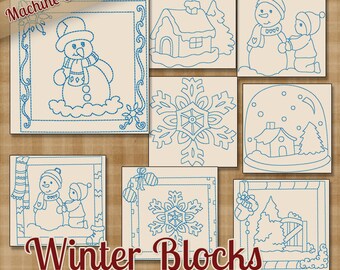 Redwork Winter Blocks Machine Embroidery Patterns / Designs - 4x4 and 5x7 Hoop - 8 Designs INSTANT DOWNLOAD