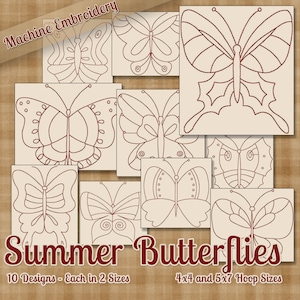 Summer Butterflies Redwork Machine Embroidery Patterns / Designs 4x4 and 5x7 Hoop INSTANT DOWNLOAD Decorative Outline Style Quilting
